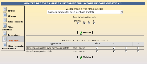 Interdiction de types MIME pour les quatre politiques de la zone de configuration 1