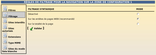 Configuration du mode de filtrage web pour la zone de configuration 1