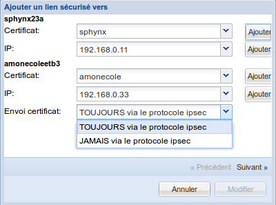 Choix des IP et certificats du lien sécurisé