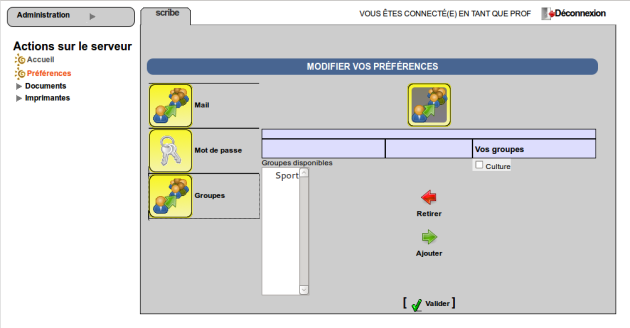 EAD vue enseignant avec thème Envole, gestion des groupes