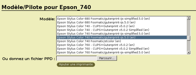 Modèle/Pilote de l'imprimante CUPS