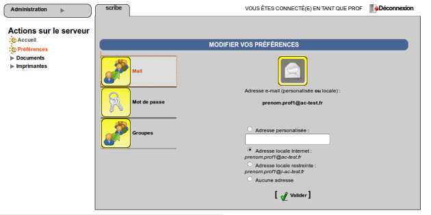 EAD vue enseignant avec thème Envole, changement d'adresse électronique