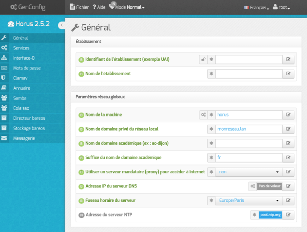 Vue générale de l'interface de configuration du module