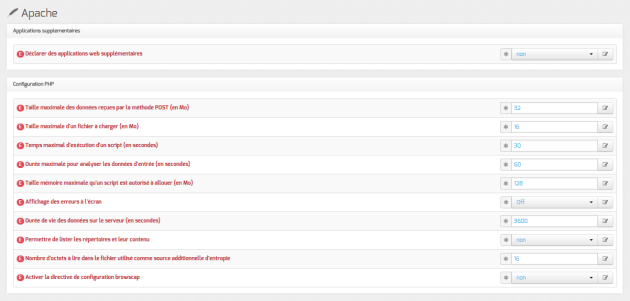 Vue de l'onglet Apache de l'interface de configuration du module