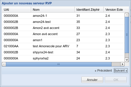 Sélectionner un nouveau serveur RVP depuis Zéphir