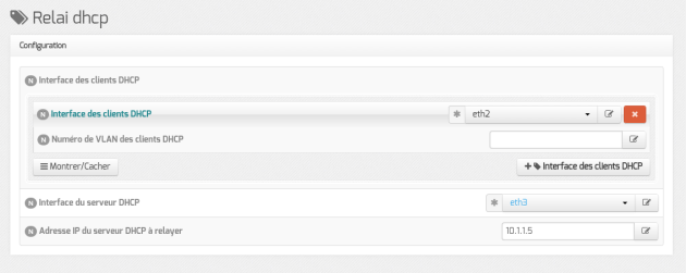 Vue de l'onglet Relai dhcp de l'interface de configuration du module