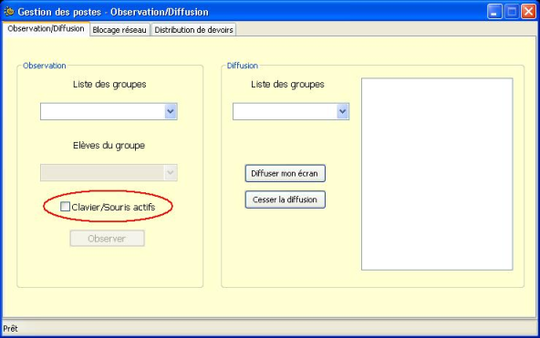 Observation, activation de la prise en main du poste (clavier et souris de l'observateur actifs)