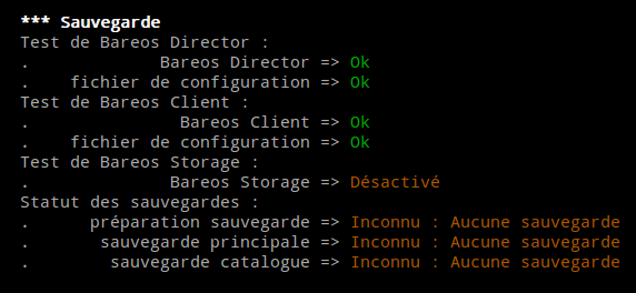 État des sauvegardes et des services avec diagnose