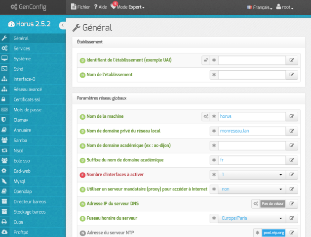 Vue générale de l'interface de configuration du module