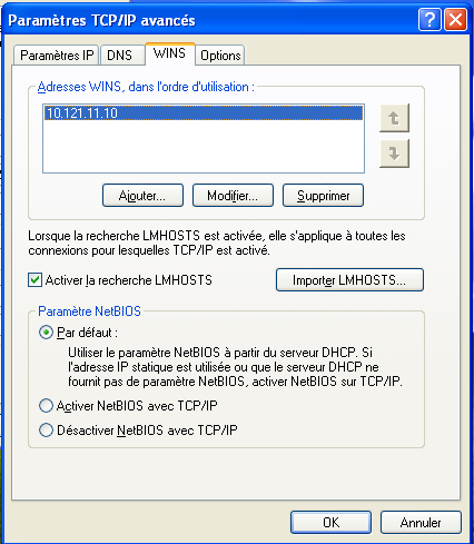 Configuration du serveur WINS dans Windows XP