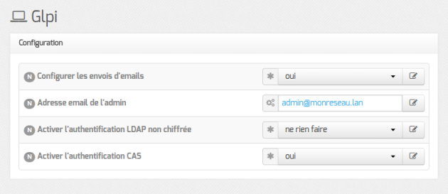 Onglet Glpi de l'interface de configuration du module