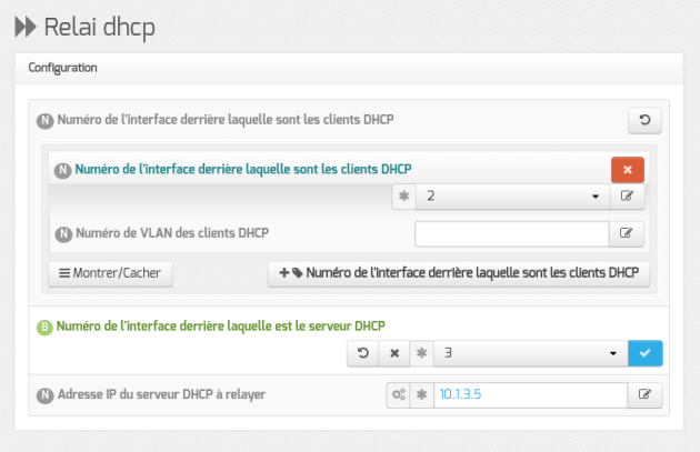 Vue de l'onglet Relai dhcp de l'interface de configuration du module