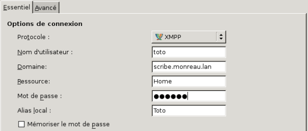 Configuration de Pidgin : onglet Essentiel