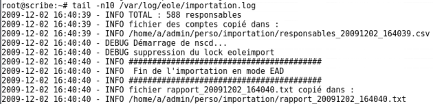 Affichage d'un extrait du fichier de log des importations