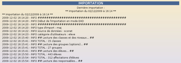 Affichage du rapport d'importation sur la page d'accueil de l'EAD