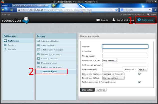 Déclaration de comptes de messagerie secondaire dans l'interface Roundcube