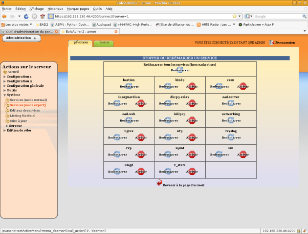 Actions sur les services (mode expert)