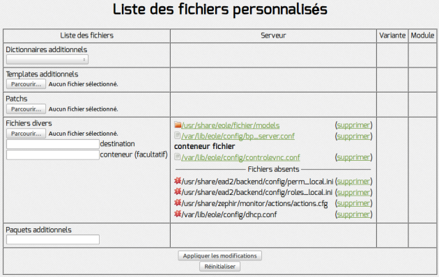 Liste des fichiers personnalisés