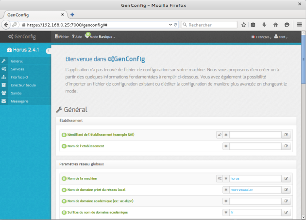 Vue de l'interface de configuration au travers d'un navigateur web