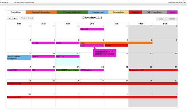 Consultation du calendrier dans le portail Envole
