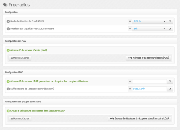 Vue de l'onglet Freeradius de l'interface de configuration du module
