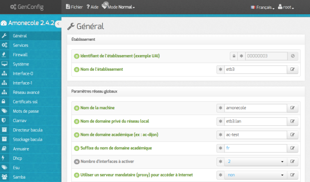 Vue générale de l'interface de configuration du module