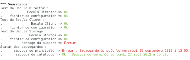 État des sauvegardes et des services avec diagnose