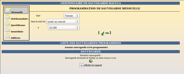 L'interface de programmation des sauvegardes dans l'EAD