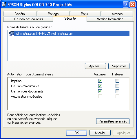 Choix des droits du partage de l'imprimante Windows