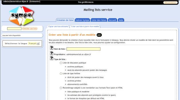 Création d'une liste manuelle par l'interface web de Sympa