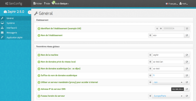 Vue générale de l'interface de configuration du module