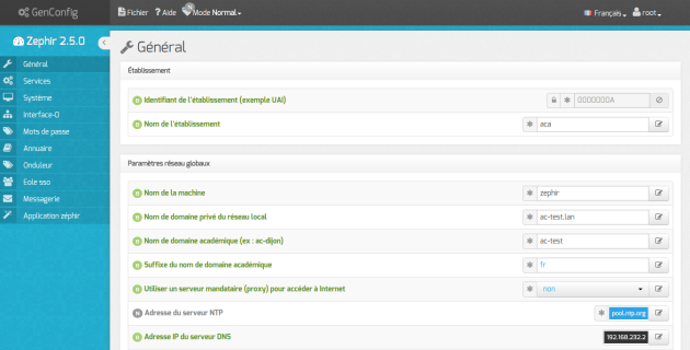 Vue générale de l'interface de configuration du module